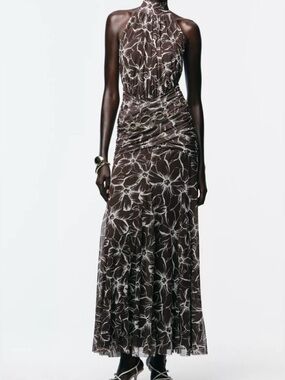 Zara Brown and White Floral Halter Maxi Dress
